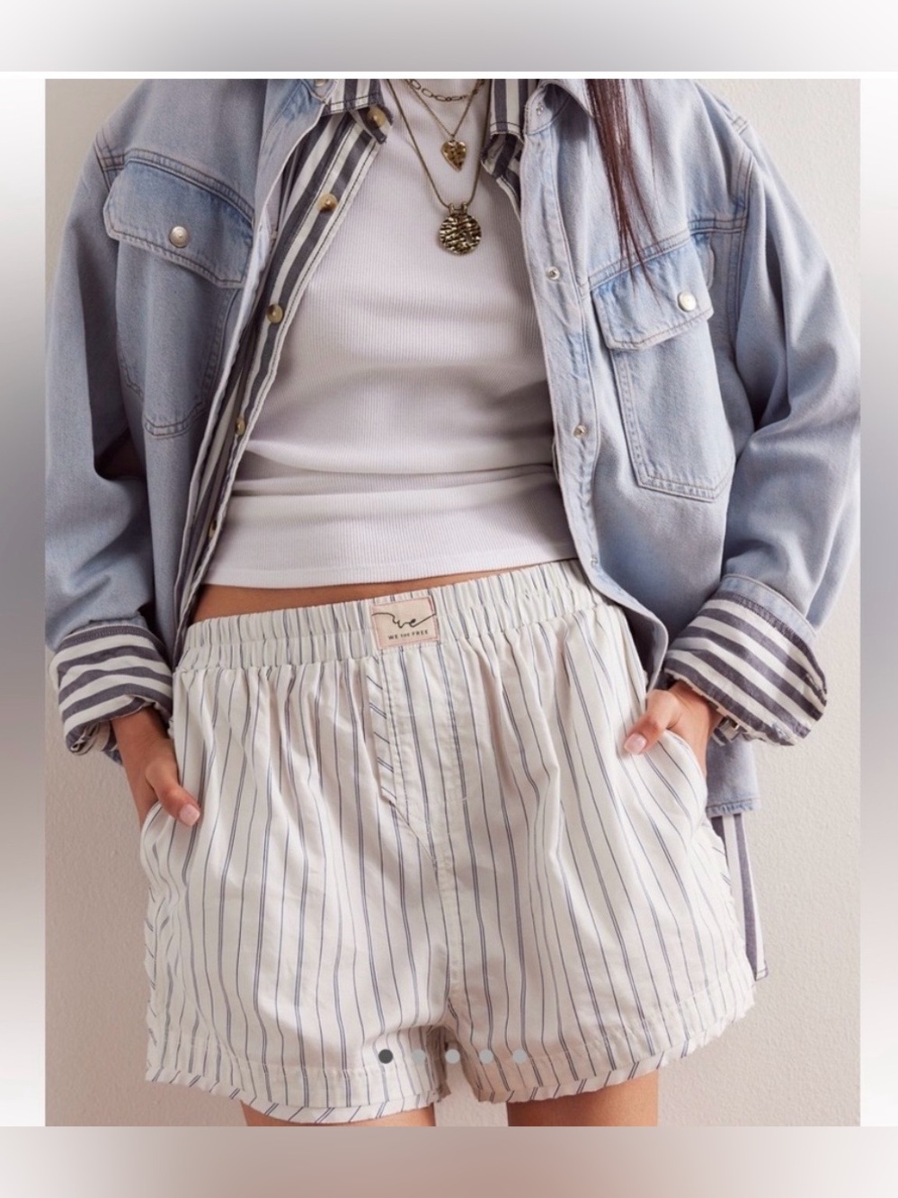 Free People We The Free Day to Day White Boxer Shorts with Thin Blue Stripes - Picture 2 of 7